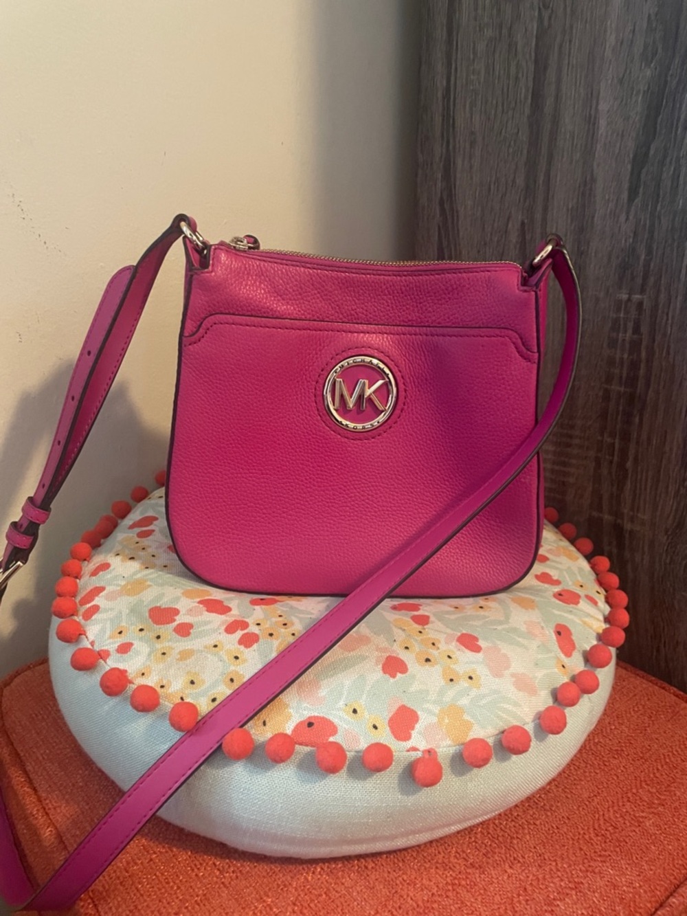 Michael Kors Fuchsia Leather Crossbody with MK Medallion